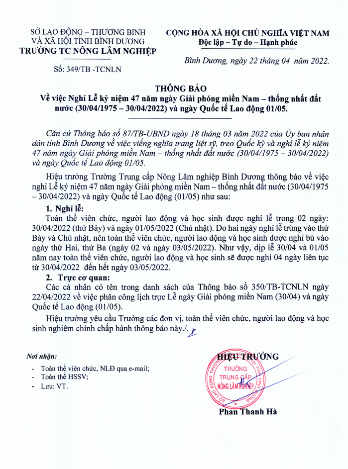 Thông báo nghỉ lễ 30/4 và 01/5 năm 2022